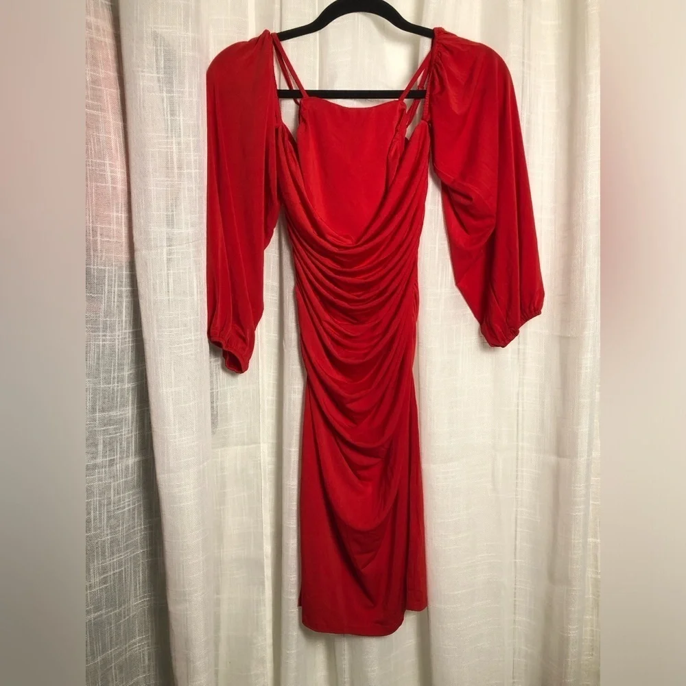 VENUS Red Draped Puff Long Sleeve Dress Small NWOT